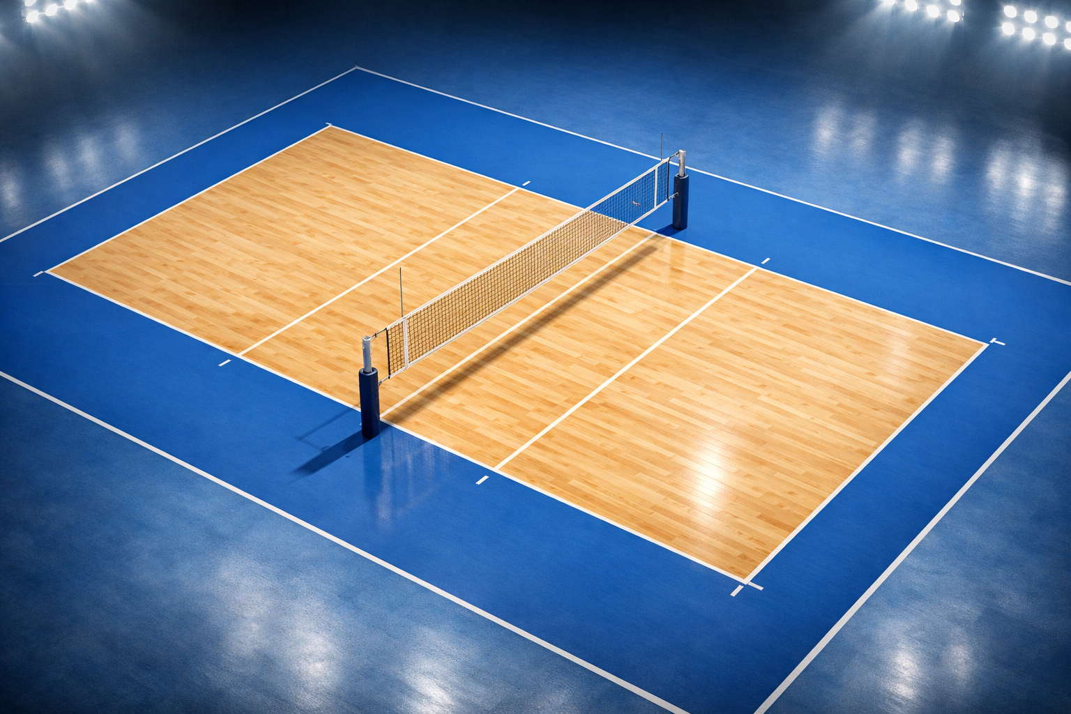 3D render of a standard volleyball court showing exact dimensions, net, and court lines