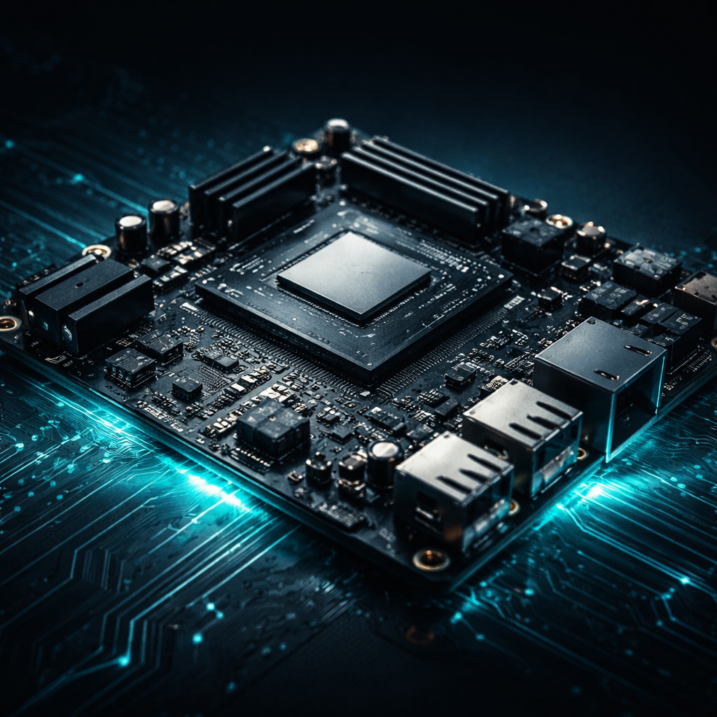 NVIDIA Jetson Orin Nano board with teal circuit lighting