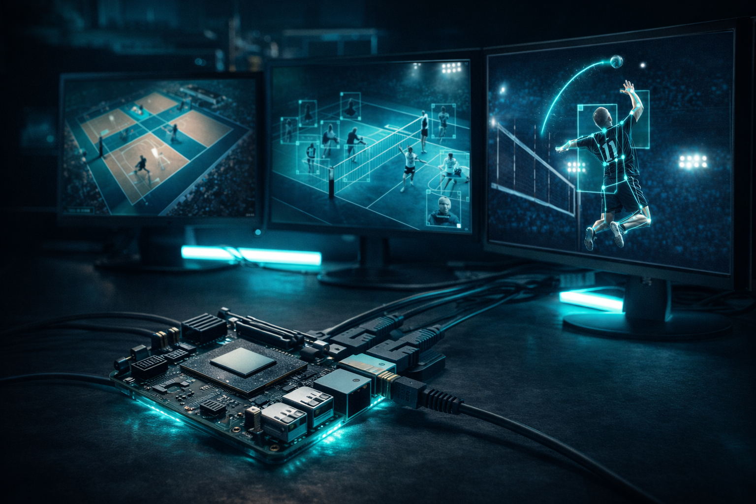 NVIDIA Jetson board connected to monitors showing volleyball AI analysis in real time