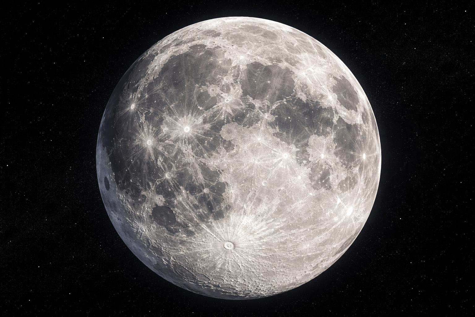 Detailed photorealistic close up of the full moon surface showing craters