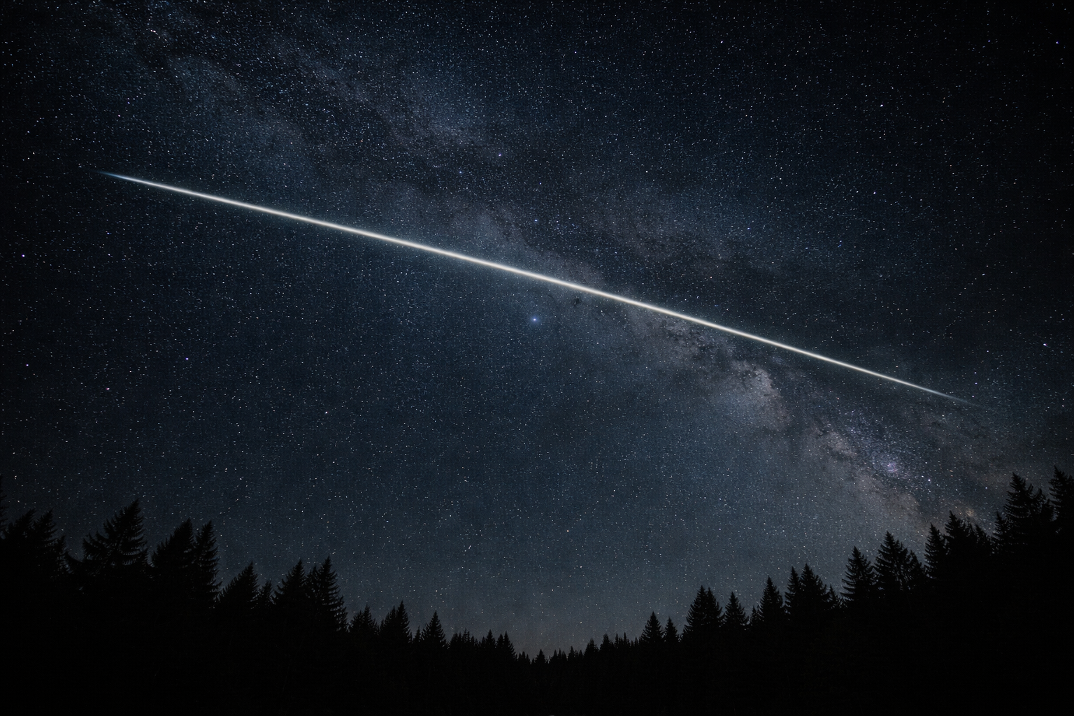 Bright satellite or meteor streak crossing the Milky Way over a dark forest