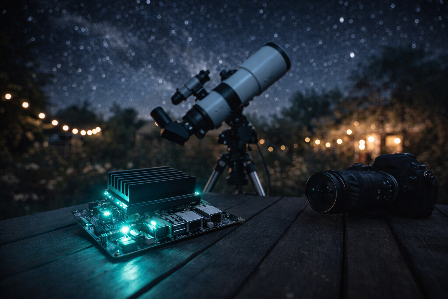 NVIDIA Jetson board next to telescope and camera under a starry night sky